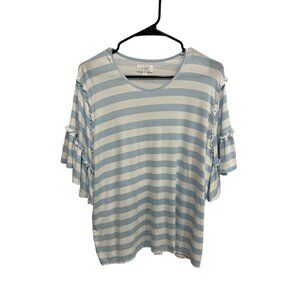 Mudpie Womens Blue White Striped Ruffle Sleeve Top Size Large Casual Classic